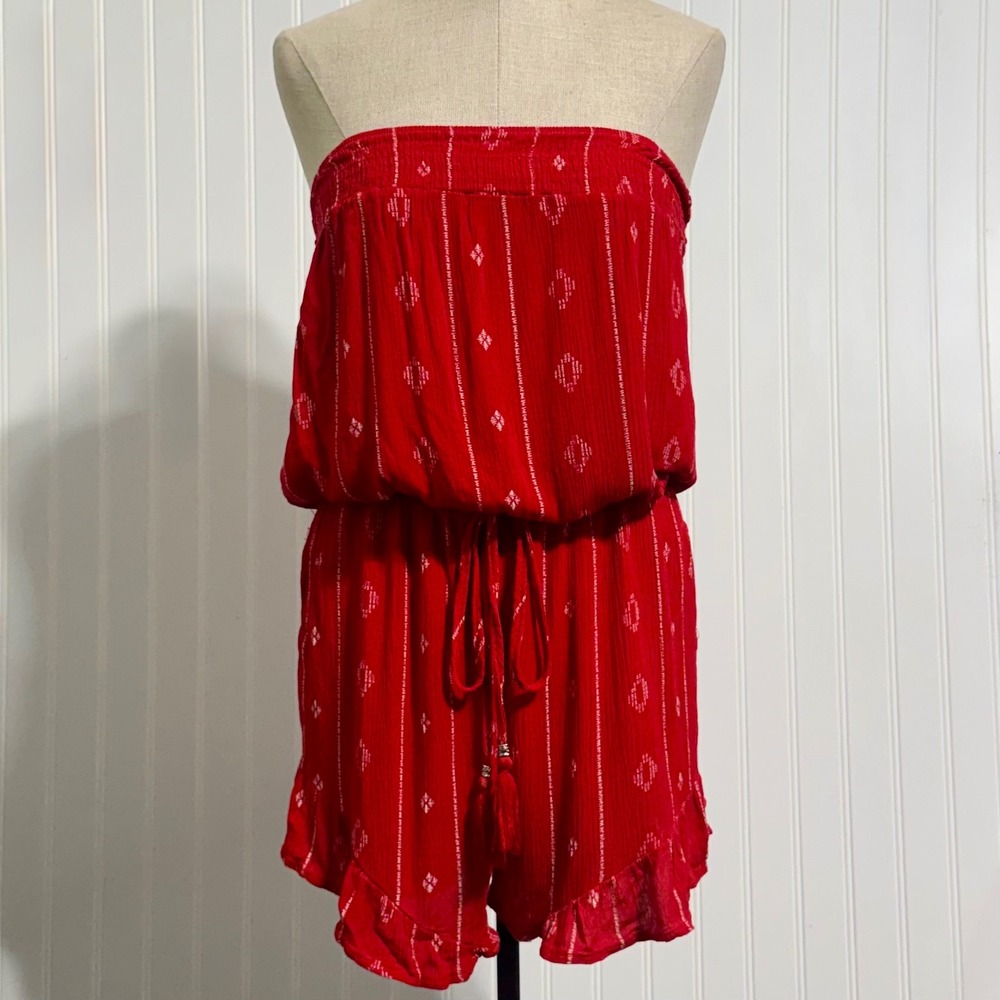 Salty‎ Lemon Womens Romper Size M Red Geometric Boho Strapless Tassel Ruffle